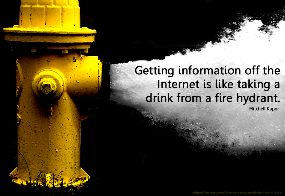 Bild eine Hydranten mit dem Schriftzug "Getting information off the internet is like taking a drink from a fire hydrant." als Teaserbild eines digiLL-Lernmoduls zum Thema Informationskompetenz